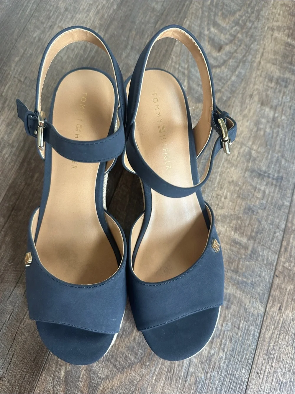 Tommy Hilfiger Navy Espadrille Wedge Sandals with Gold Logo